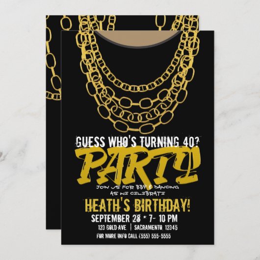 金ゴールドチェーンブラックヒップホップダンスバースデーパーティー 招待状 (正面/裏面)