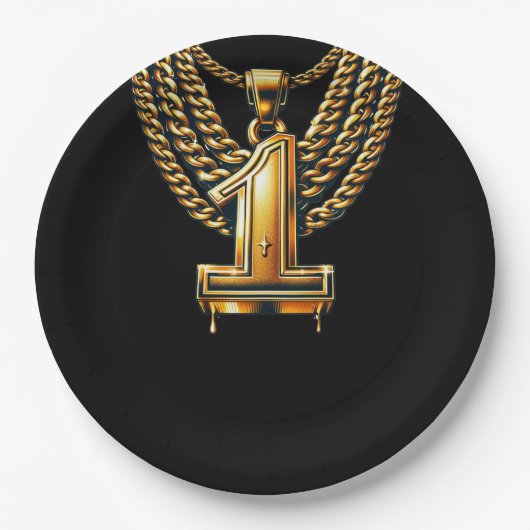 金ゴールドチェーン1ドリップ#1 1歳の誕生日パーティー ペーパープレート (正面)