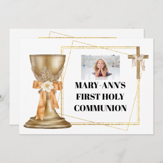 金ゴールドチャペルチャリス木製クロス金ゴールドフレーム女の子 招待状 (正面/裏面)