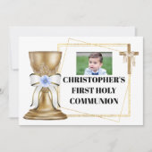 金ゴールドチャリス木製クロスサテン弓ブルーフローラ 招待状 (正面)