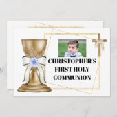 金ゴールドチャリス木製クロスサテン弓ブルーフローラ 招待状 (正面/裏面)