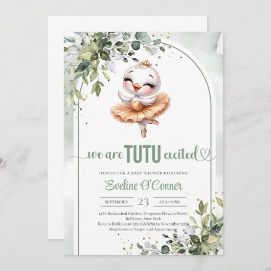 金ゴールドツツと可愛い小さな白鳥は緑の服を着る 招待状 (正面/裏面)