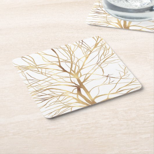 金ゴールドツモダンリーシルエット白ミニマルデザイン スクエアペーパーコースター (アングル)