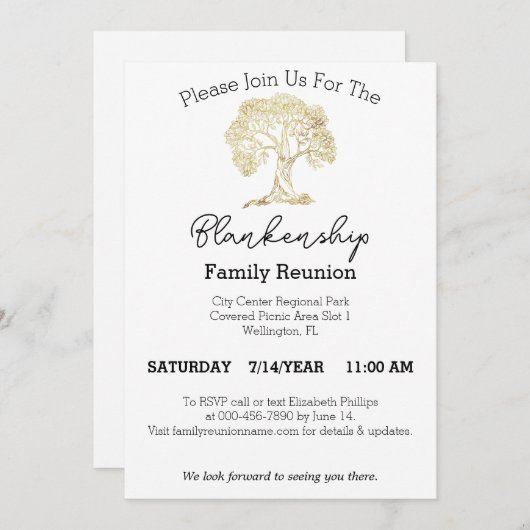 金ゴールドツリーアートワークファミリー懇親会テンプレート 招待状 (正面/裏面)