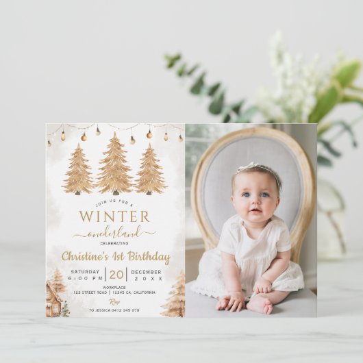 金ゴールドツリーウィンターオネダーランドクリスマス誕生日 招待状 (スタンド正面)