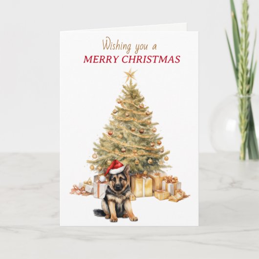 金ゴールドツリードイツの羊飼い子犬クリスマスカード シーズンカード (正面)