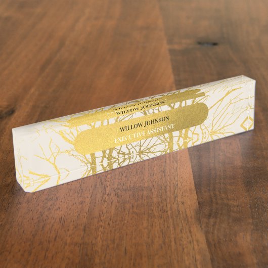 金ゴールドツリー分岐パターンベージュ背景 デスクネームプレート (側面)