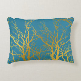 金ゴールドツリー分岐パターン青の背景 アクセントクッション