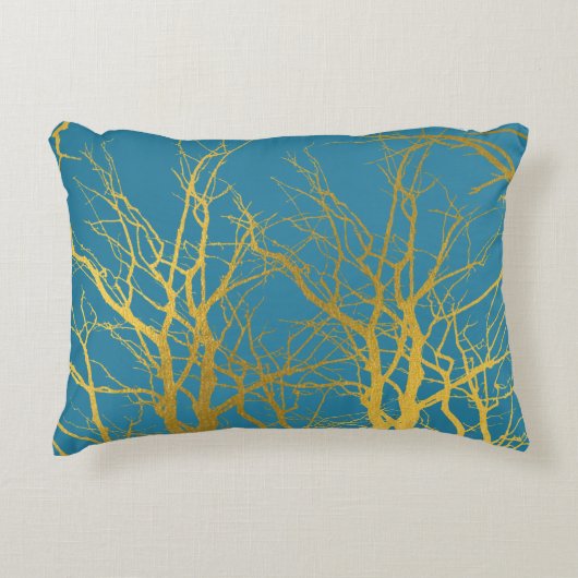 金ゴールドツリー分岐パターン青の背景 アクセントクッション (正面)