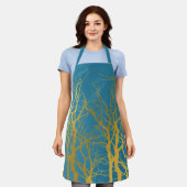 金ゴールドツリー分岐パターン青の背景 エプロン (着用した状態)