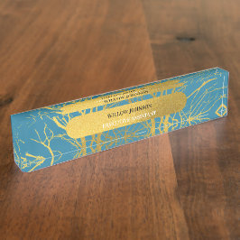 金ゴールドツリー分岐パターン青の背景 デスクネームプレート