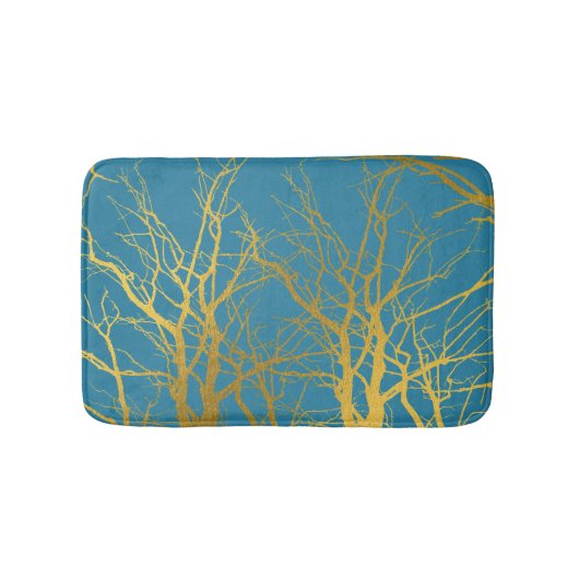 金ゴールドツリー分岐パターン青の背景 バスマット (正面)