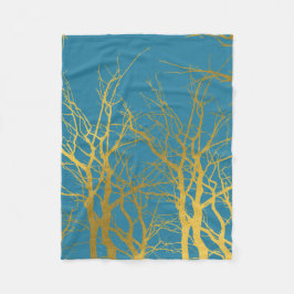 金ゴールドツリー分岐パターン青の背景 フリースブランケット