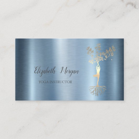 金ゴールドツリー女性シルエットブルーメタリック 名刺 (正面)