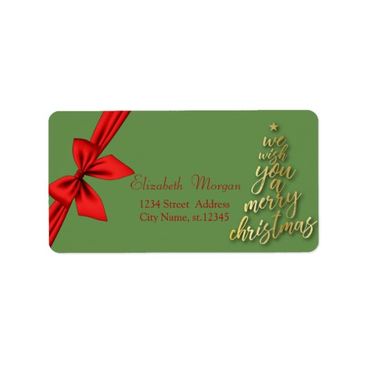 金ゴールドツリー我々は喜ぶクリスマス、赤い弓 ラベル (正面)