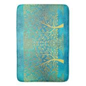 金ゴールドツリー葉とターコイズブルー バスマット (正面縦)