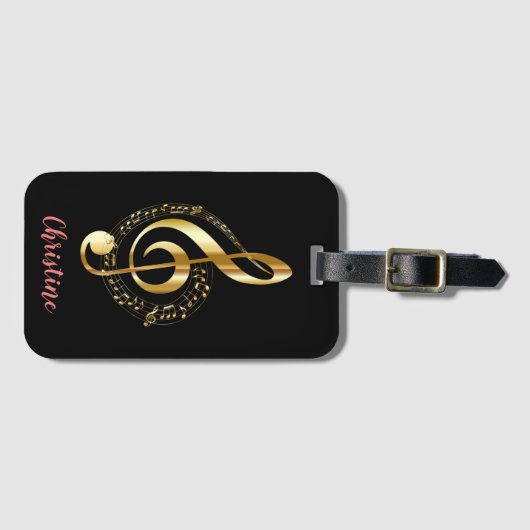 金ゴールドツレブルクレフ、 音符記号パーソナライズされた音楽 ラゲッジタグ (正面横)