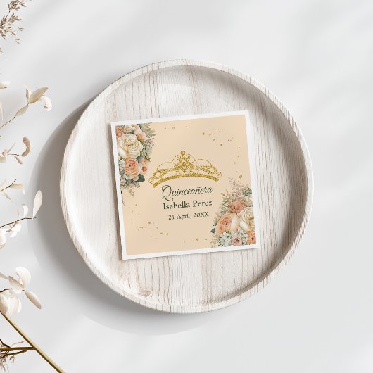 金ゴールドティアラアンドピーチファズフローラキンセアニェラ スタンダードランチョンナプキン