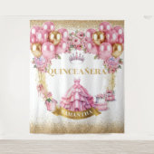 金ゴールドティアラキンセアニラバックプルピンクお祝い タペストリー (正面)