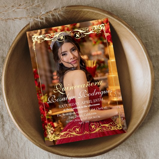 金ゴールドティアラキンセアニラ写真Mis Quince 箔招待状