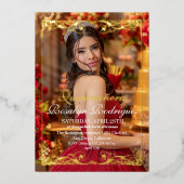 金ゴールドティアラキンセアニラ写真Mis Quince 箔招待状 (正面)