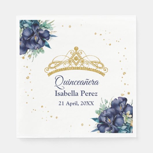 金ゴールドティアラグリッターとフローラキンセアニェラ スタンダードランチョンナプキン (正面)