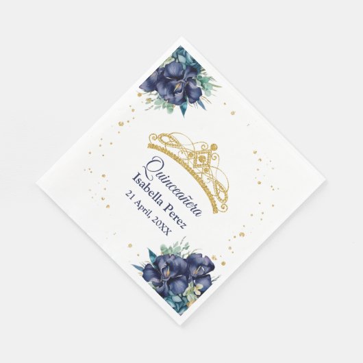 金ゴールドティアラグリッターとフローラキンセアニェラ スタンダードランチョンナプキン (角)