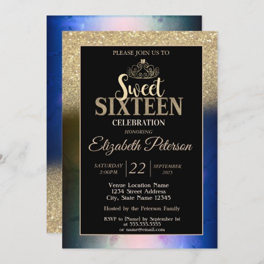 金ゴールドティアラグリッターグラデーション《写真》ぼけ味カラフルスウィート16 招待状 (正面/裏面)