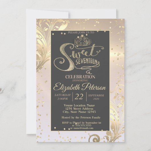 金ゴールドティアラスイートダイアモンド17誕生日 招待状 (正面)