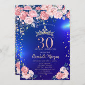 金ゴールドティアラダイアモンズフラワーズブルー30th誕生日 招待状 (正面/裏面)