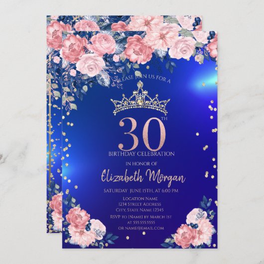 金ゴールドティアラダイアモンズフラワーズブルー30th誕生日 招待状 (正面/裏面)