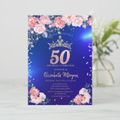 金ゴールドティアラダイアモンズフラワーズブルー50誕生日 招待状 (スタンド正面)