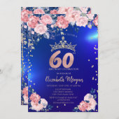 金ゴールドティアラダイアモンズフラワーズブルー60誕生日 招待状 (正面/裏面)