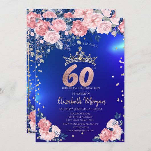 金ゴールドティアラダイアモンズフラワーズブルー60誕生日 招待状 (正面/裏面)