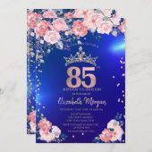 金ゴールドティアラダイアモンズフラワーズブルー85誕生日 招待状 (正面/裏面)
