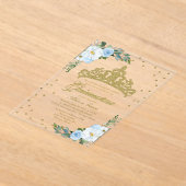 金ゴールドティアラダスティブルーフラワーズキンチェニェラ アクリル招待状 (レイダウン)