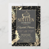 金ゴールドティアラハイヒールダイヤモンドガールスウィート16パーティー 招待状 (正面)