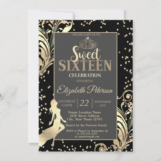 金ゴールドティアラハイヒールダイヤモンドガールスウィート16パーティー 招待状 (正面)