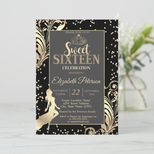 金ゴールドティアラハイヒールダイヤモンドガールスウィート16パーティー 招待状 (スタンド正面)