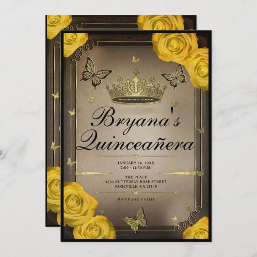 金ゴールドティアラバタフライイエローローズキンセアニラ 招待状 (正面/裏面)