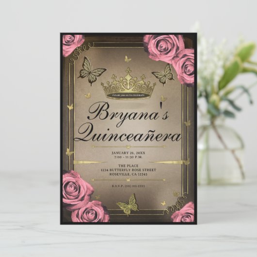 金ゴールドティアラバタフライピンクローズキンセアニラ 招待状 (スタンド正面)