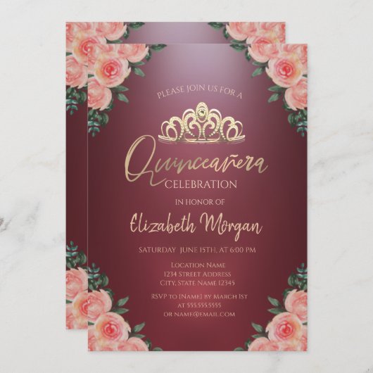 金ゴールドティアラブルガンディフラワーズキンセアニラバラ 招待状 (正面/裏面)