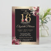 金ゴールドティアラ紙吹雪ブルガンディースウィート16パーティー 招待状 (スタンド正面)