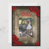 金ゴールドティアラ蝶と赤のバラ甘い16写真 招待状 (裏面)