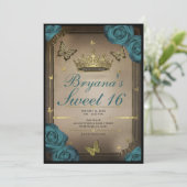 金ゴールドティアラ蝶ティール（緑がかった色）バラスウィート16 招待状 (スタンド正面)