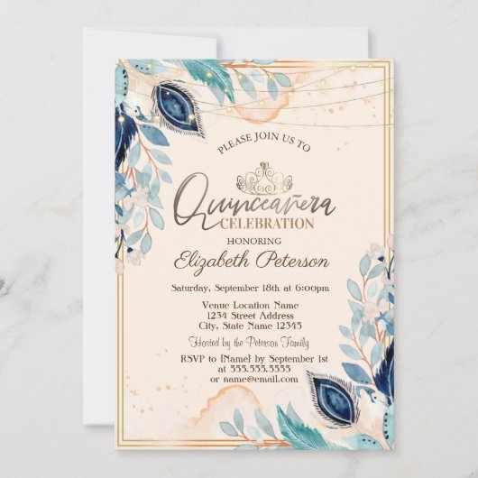 金ゴールドティアラ、ストリングライトウッドフラワーカーニーチェニェラ 招待状 (正面)