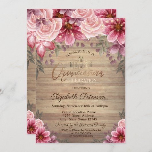 金ゴールドティアラ、ストリングライトフラワーウッドキンセニェラ 招待状 (正面/裏面)