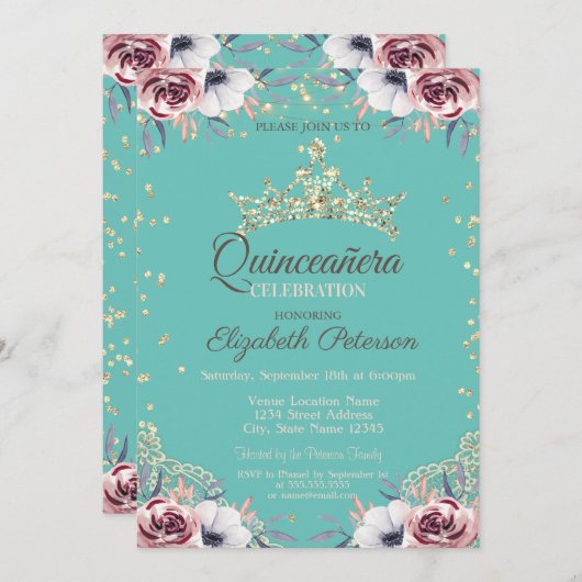 金ゴールドティアラ、ダイアモンズフラワーズミントグリーンキンセアニラ 招待状 (正面/裏面)