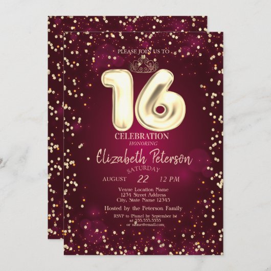 金ゴールドティアラ、ダイアモンズブルガンディースウィート16パーティー 招待状 (正面/裏面)