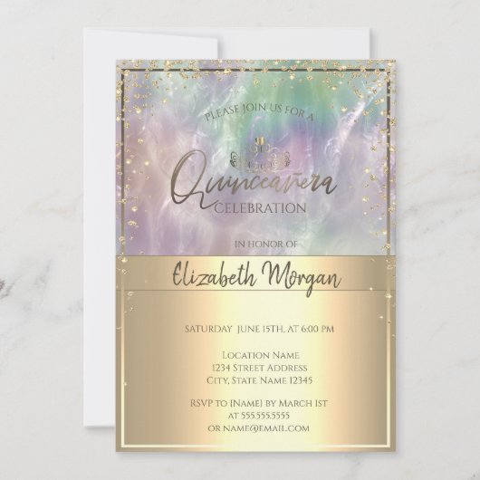 金ゴールドティアラ、ダイアモンズホログラフィックパールキンセアニラ 招待状 (正面)